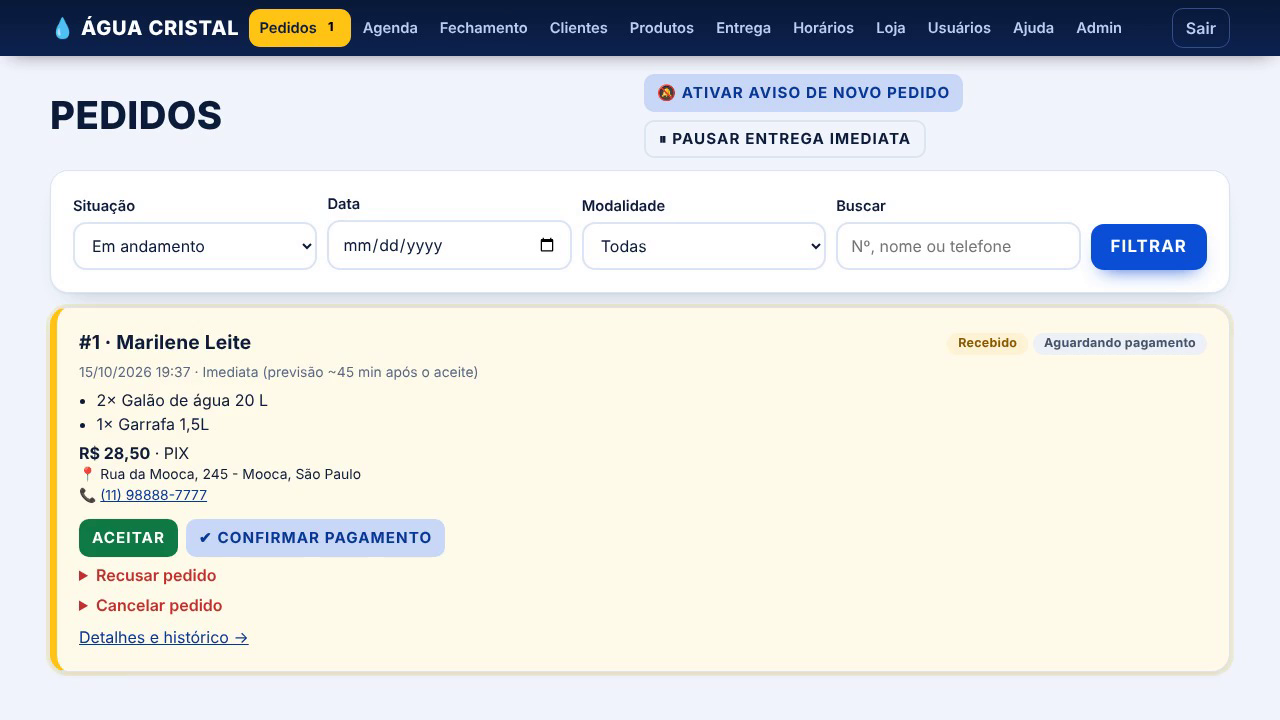 Painel de pedidos com novo pedido, botões Aceitar e Confirmar pagamento